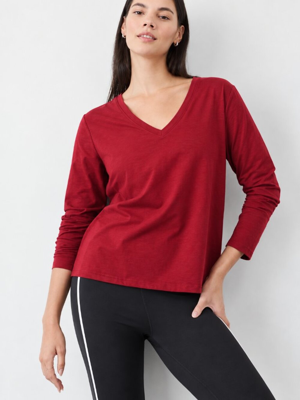 Athleta NEW Essential V-Neck Long Sleeve Supima Cotton Knit Top Red Crimson 1X